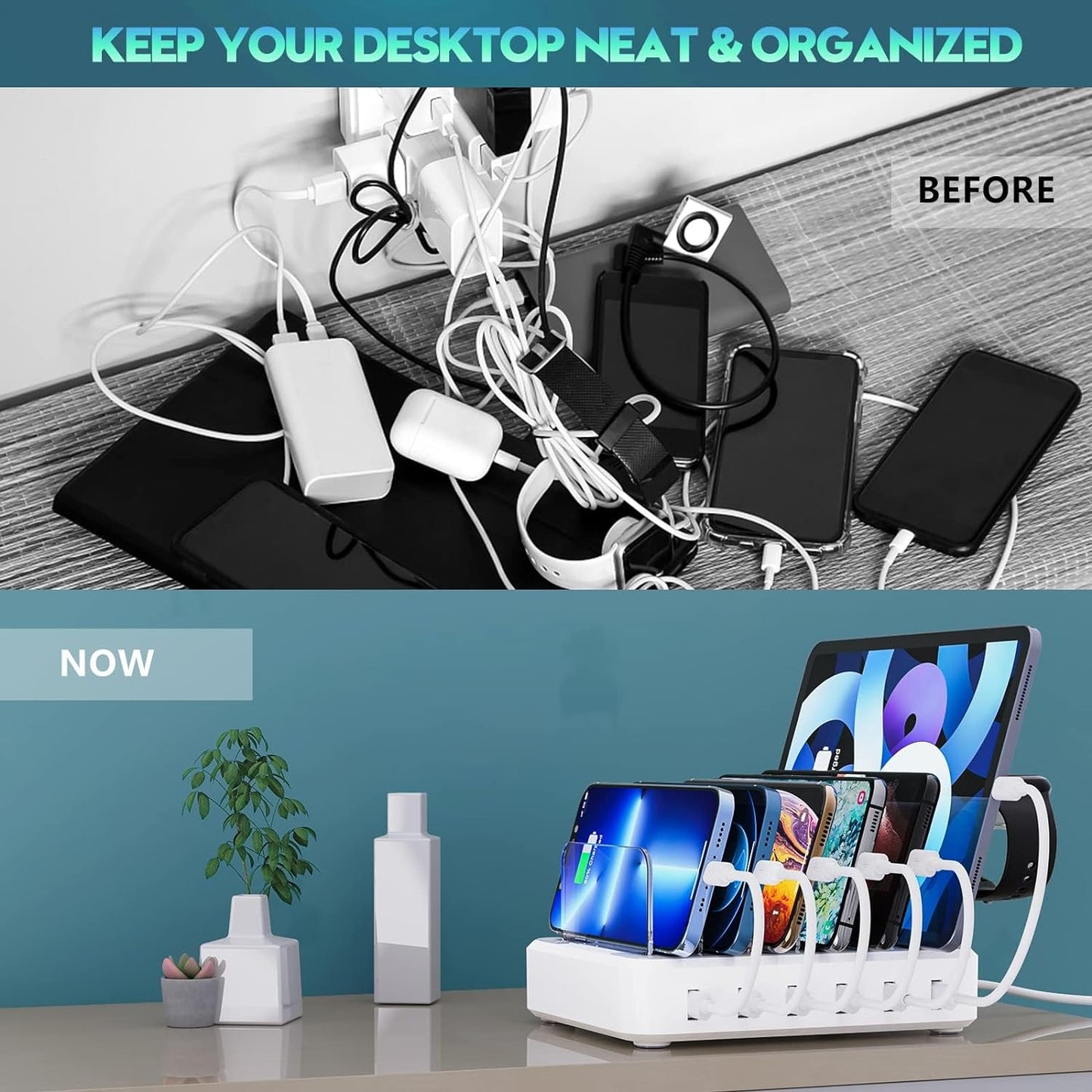 Multi Device Charging Station with 6 Slots and Smart Power Management, 60W Output Zolana