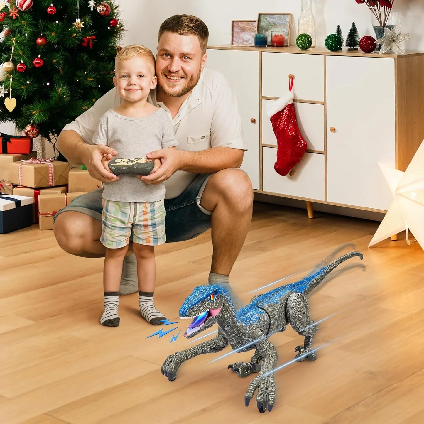 Remote Control Dinosaur Toy with Realistic Lights and Sounds, Rechargeable Velociraptor