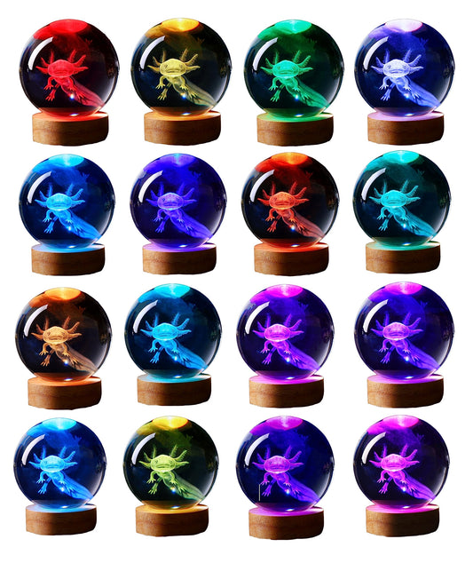 3D Crystal Ball Lamp with 16-Color LED and Etched Axolotl, Wooden Base USB Powered