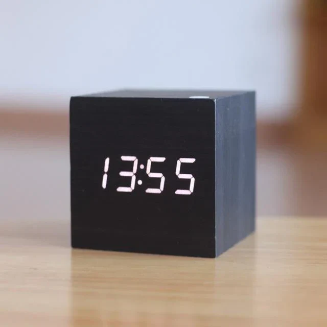 Wooden Digital Clock with Integrated LED Numerals and USB Power, Compact Minimalist Design