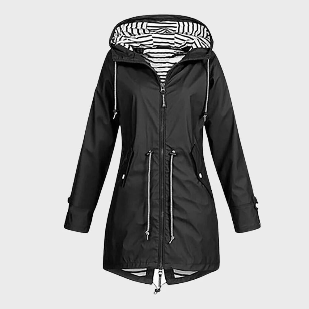 Women's Waterproof Rain Jacket with Adjustable Hood and Breathable Lining, Mid-Thigh