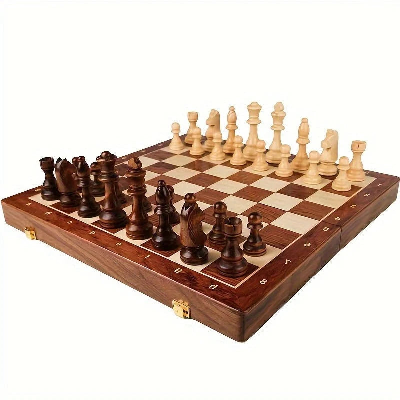Solid Wood Chess Set with Weighted Pieces and Fixed Board, 34-Piece Compact Brown Zolana