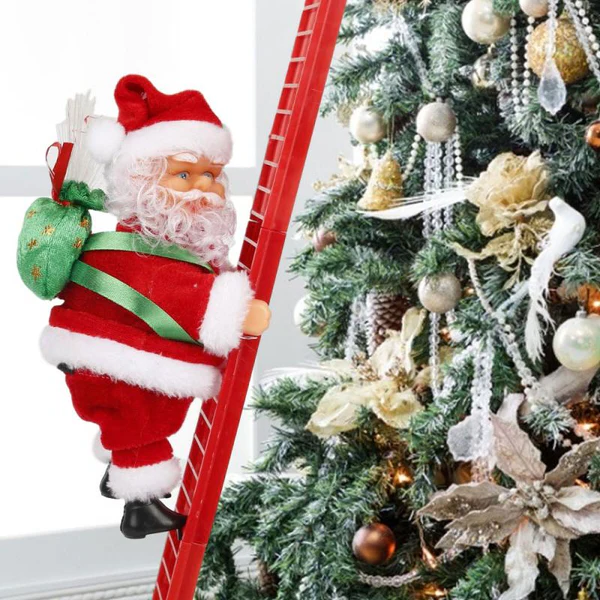 Animated Santa Ornament with Climbing Ladder and Built-In LED Lights, Plays 15 Carols