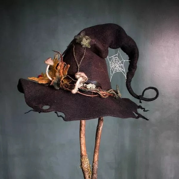 Felt Witch Hat with Adjustable Inner Band and Silk Chiffon Trim, Hand-Felted Merino Wool