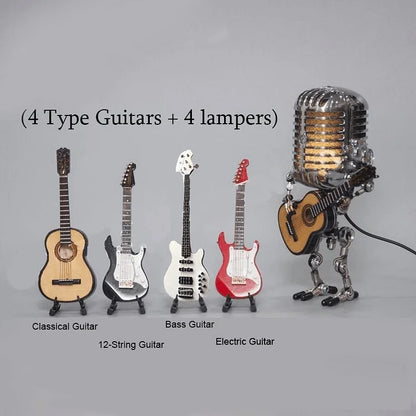 Microphone Desk Lamp with Articulated Joints and Mini Guitar Accessory, Retro Metal LED
