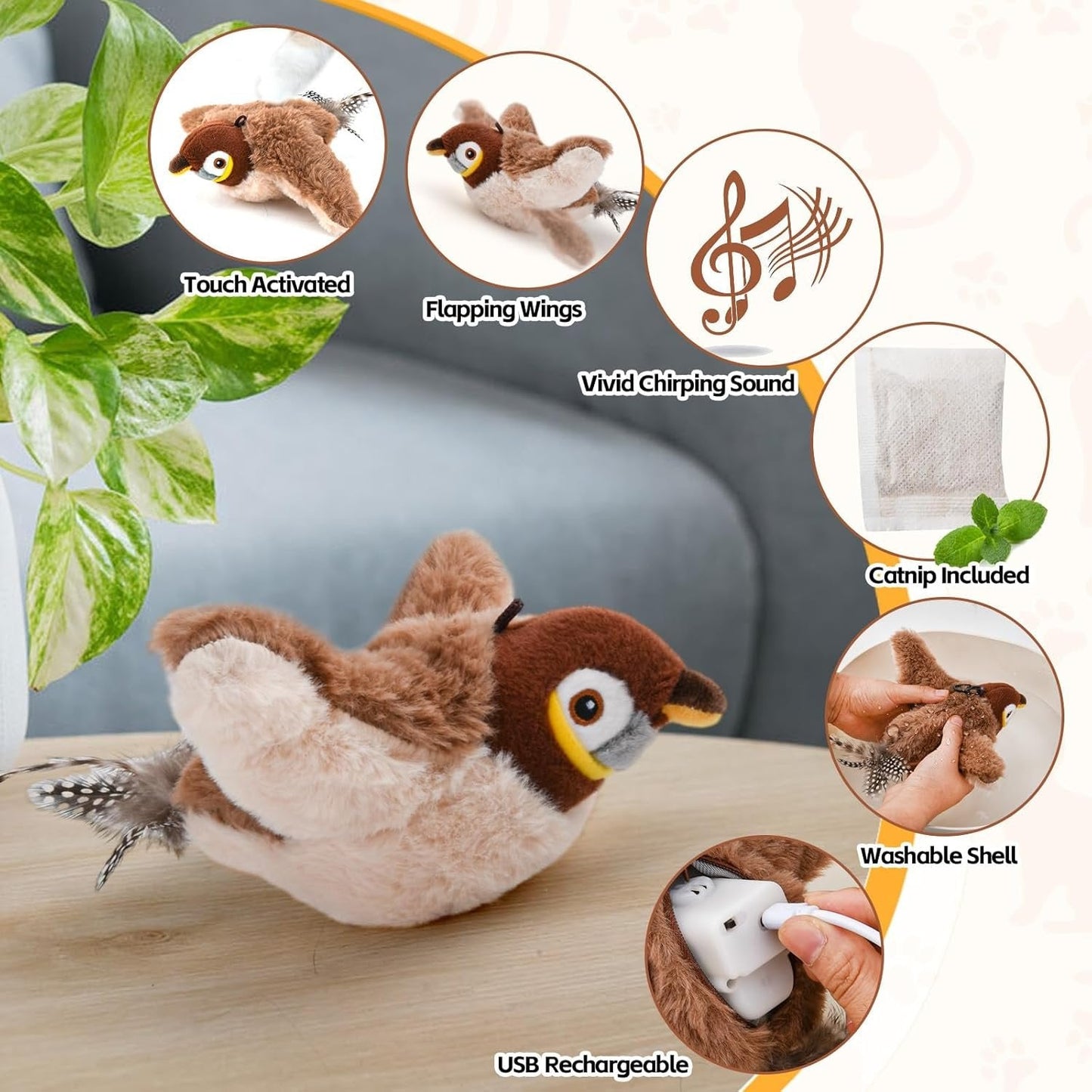 Motion-Activated Cat Toy with Lifelike Feather Tail and USB Rechargeable Battery