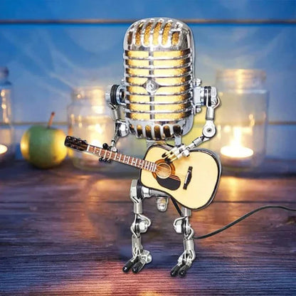 Microphone Desk Lamp with Articulated Joints and Mini Guitar Accessory, Retro Metal LED