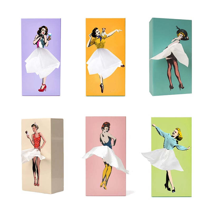 Tissue Box Cover with Fluttering Skirt and Concealed Weighted Base, Fits Standard Boxes