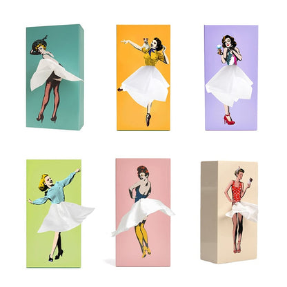 Tissue Box Cover with Fluttering Skirt and Concealed Weighted Base, Fits Standard Boxes