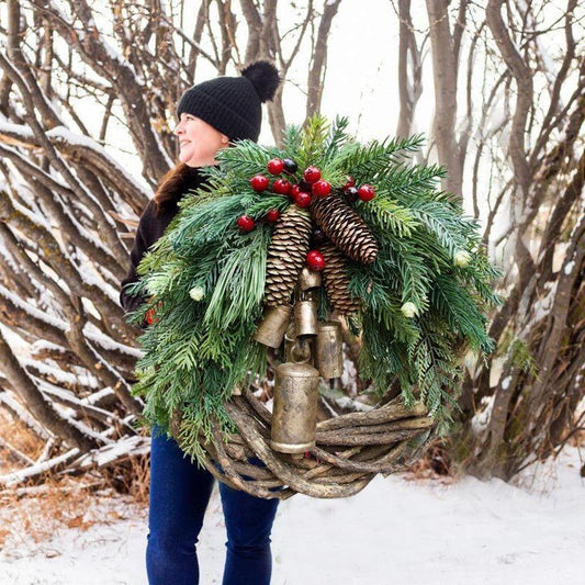Christmas Wreath with Rustic Vine Base and Faux Greenery, 17 Inch
