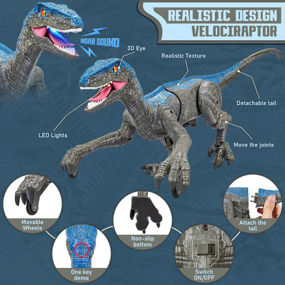 Remote Control Dinosaur Toy with Realistic Lights and Sounds, Rechargeable Velociraptor