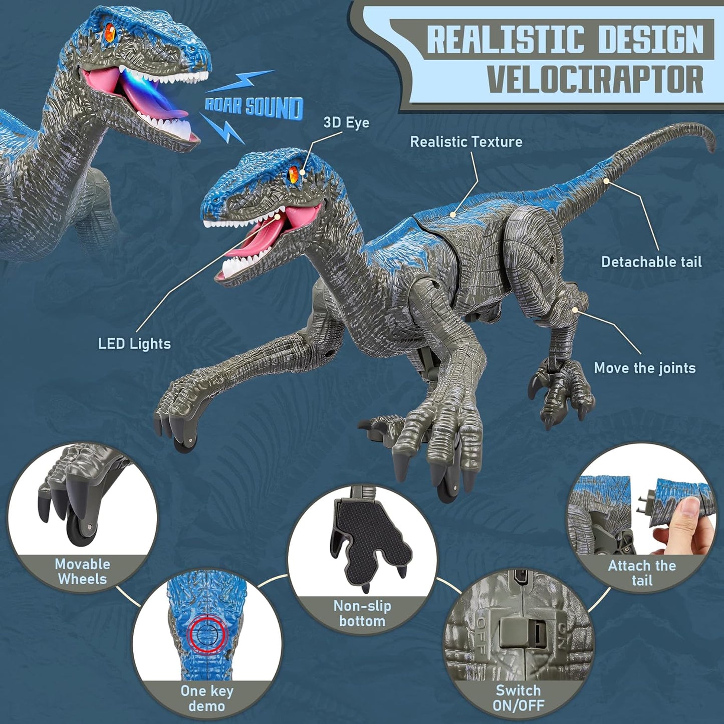 Remote Control Dinosaur Toy with LED Lights and Roaring Sounds, Velociraptor Design Zolana