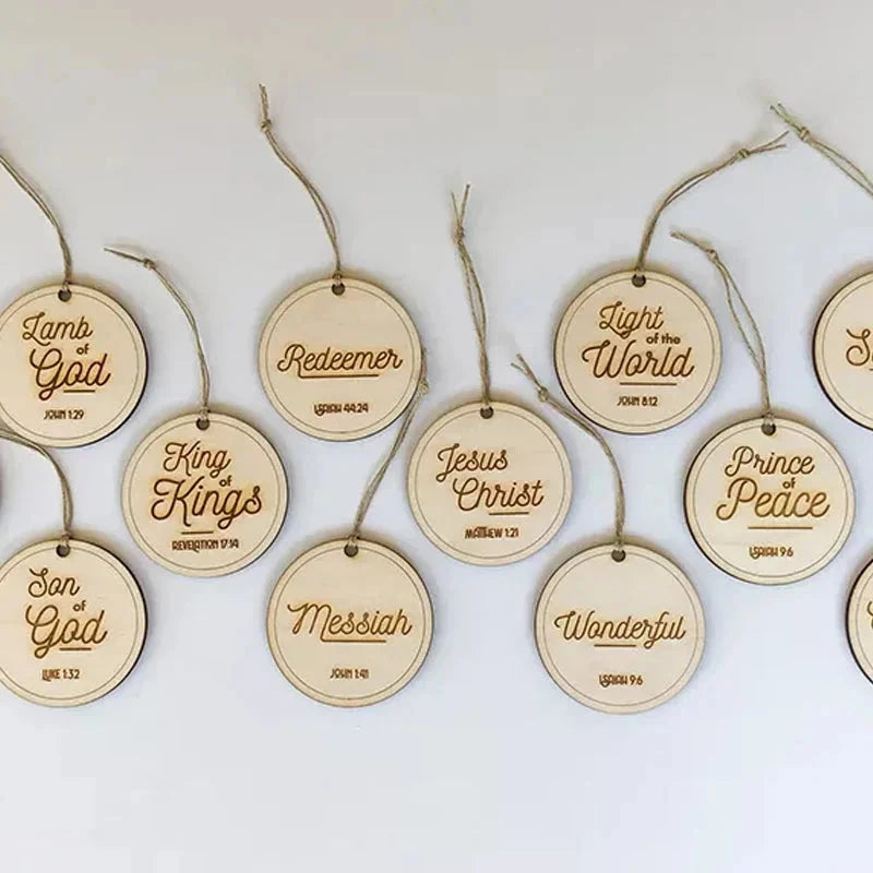 Advent Ornaments with Scripture Names and Engraved or Scored Finish, 24 or 12 Wood Pieces Zolana