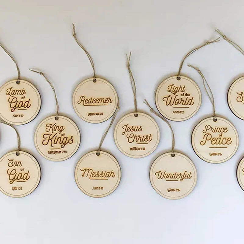 Wooden Advent Name Ornaments with Twine Strings and Devotional Guide, 12 or 24 Pieces