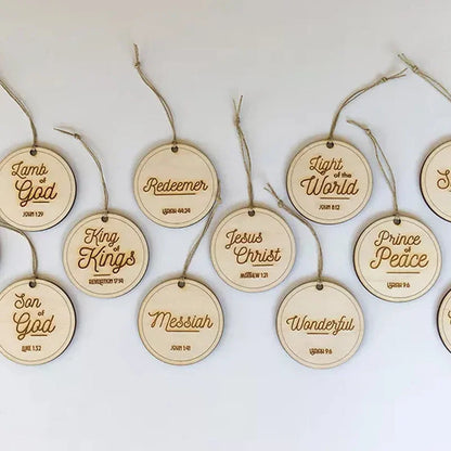 Wooden Advent Name Ornaments with Twine Strings and Devotional Guide, 12 or 24 Pieces