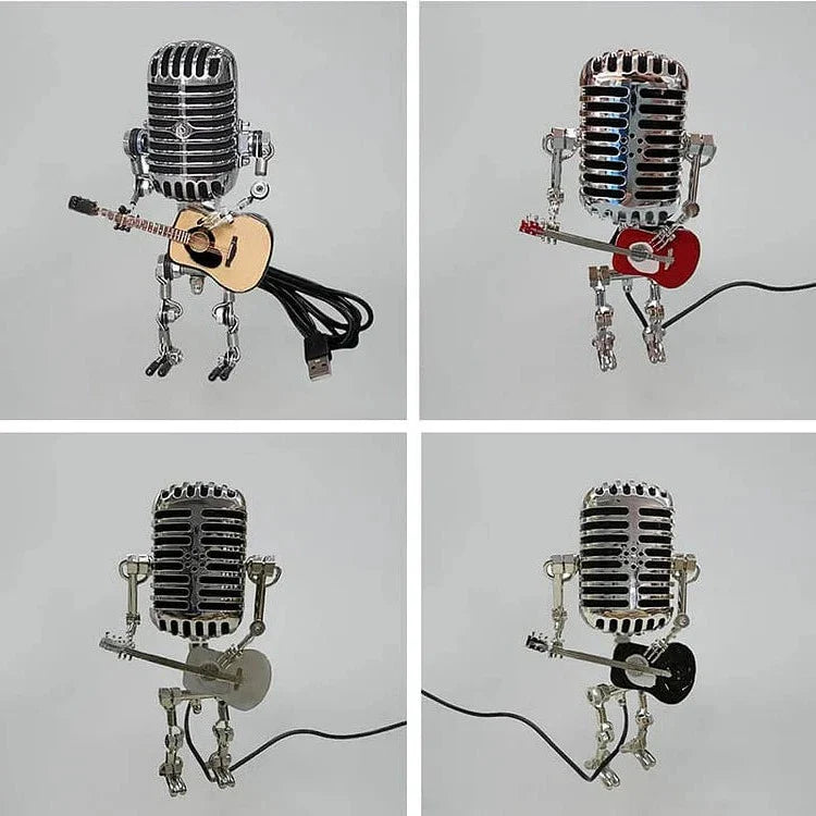 Microphone Desk Lamp with Articulated Joints and Mini Guitar Accessory, Retro Metal LED