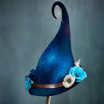 Felt Witch Hat with Adjustable Inner Band and Silk Chiffon Trim, Hand-Felted Merino Wool