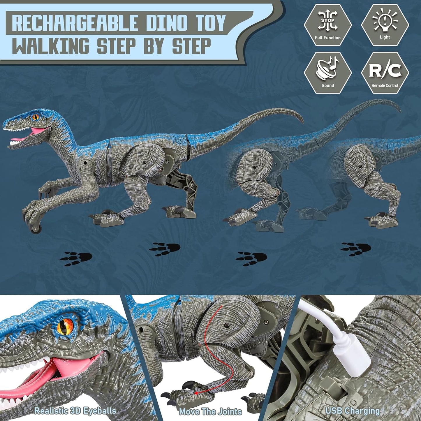 Remote Control Dinosaur Toy with Realistic Lights and Sounds, Rechargeable Velociraptor