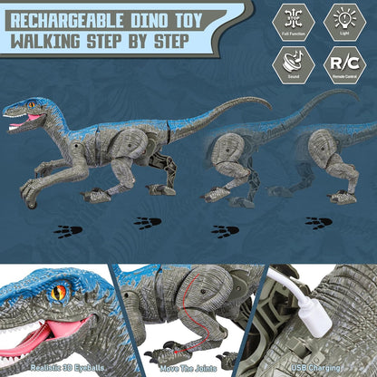 Remote Control Dinosaur Toy with Realistic Lights and Sounds, Rechargeable Velociraptor