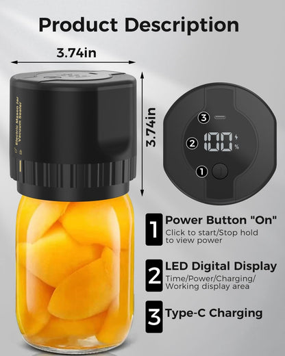 Jar Vacuum Sealer with Rechargeable Cordless Power and Universal Canning Lids, Quiet