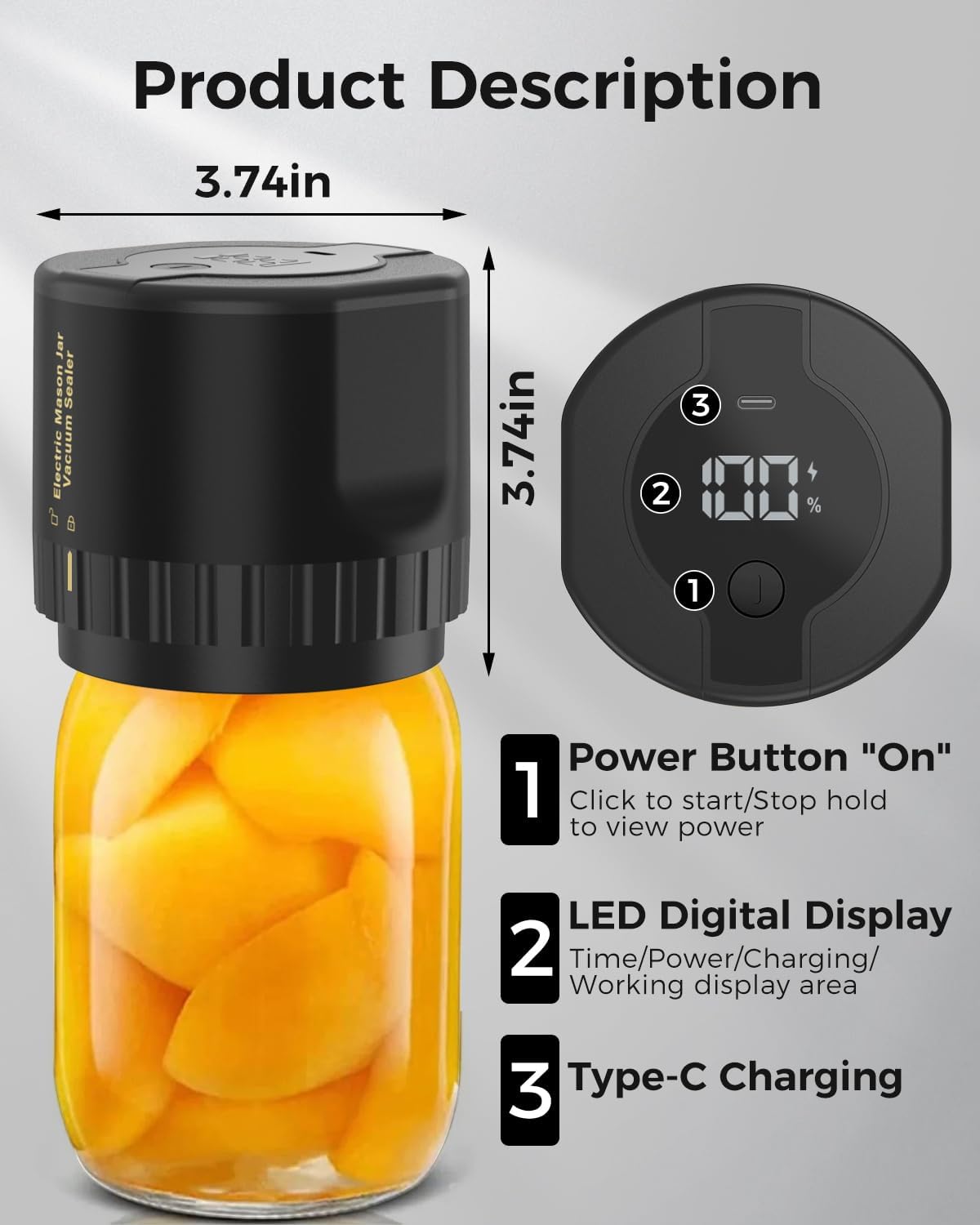 Jar Vacuum Sealer with Cordless Rechargeable Battery and Sealing Lids, Fits 3.4-Inch Jars