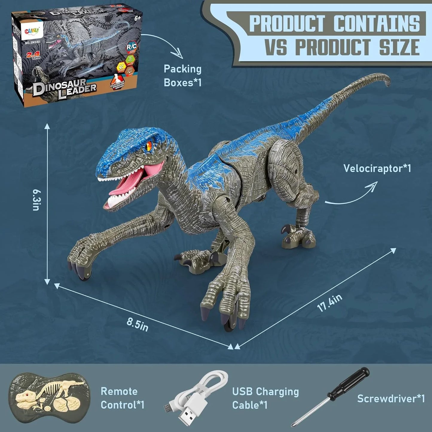 Remote Control Dinosaur Toy with Realistic Lights and Sounds, Rechargeable Velociraptor