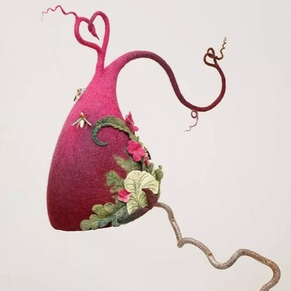 Felt Witch Hat with Adjustable Inner Band and Silk Chiffon Trim, Hand-Felted Merino Wool