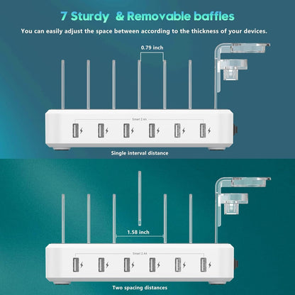 Multi-Device Charging Station with Adaptive Charging and 6 USB Ports, Removable Dividers