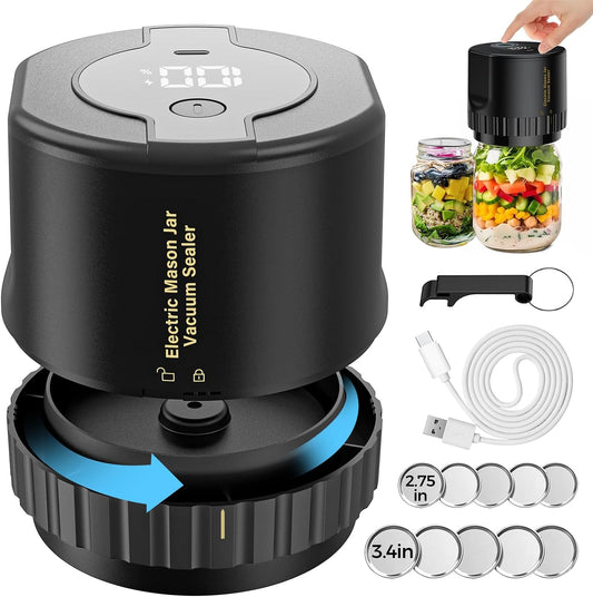Jar Vacuum Sealer with Rechargeable Cordless Power and Universal Canning Lids, Quiet