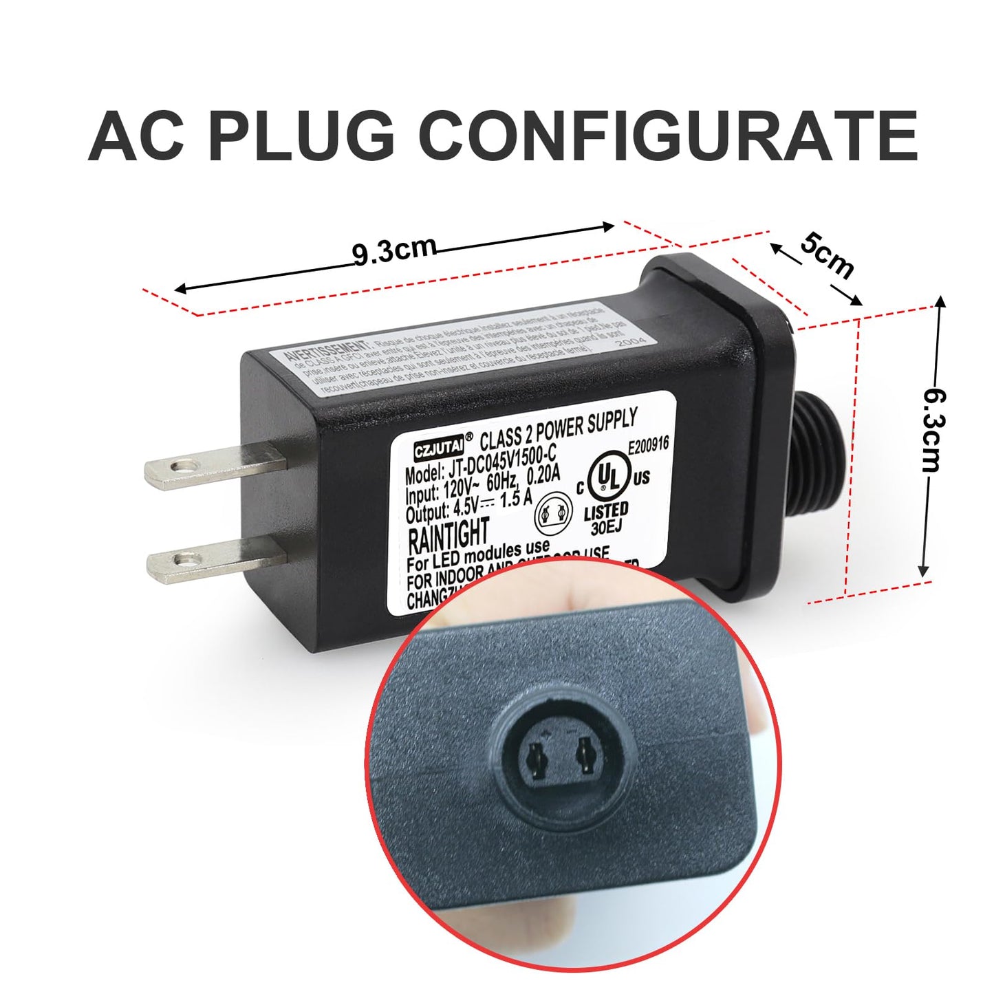 4.5V DC Power Adapter with 1.5A Output and Compact Black Housing for Holiday Lights