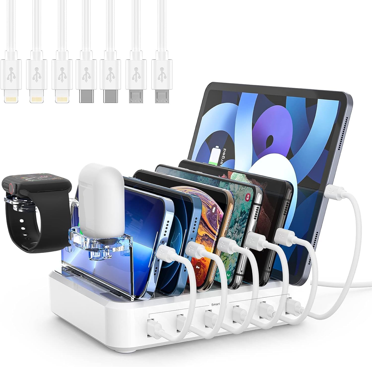 Multi Device Charging Station with 6 Slots and Smart Power Management, 60W Output Zolana