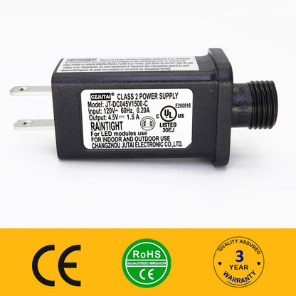 4.5V DC Power Adapter with 1.5A Output and Compact Black Housing for Holiday Lights