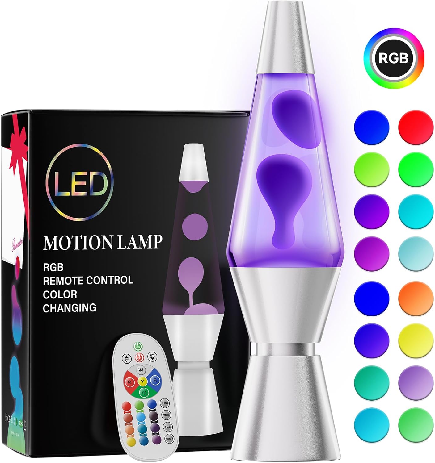Ambient Lava Lamp with RGBW LED Base and Remote, 14.5in Tempered Glass Cylinder