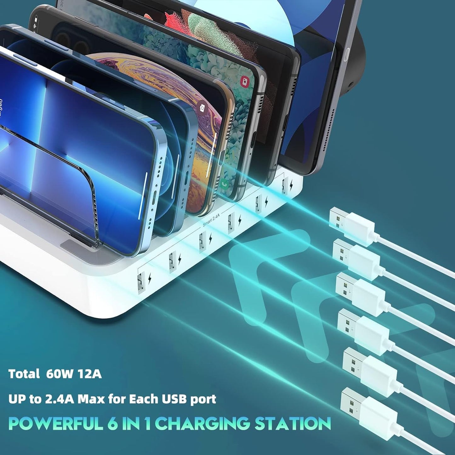 Multi Device Charging Station with 6 Slots and Smart Power Management, 60W Output Zolana