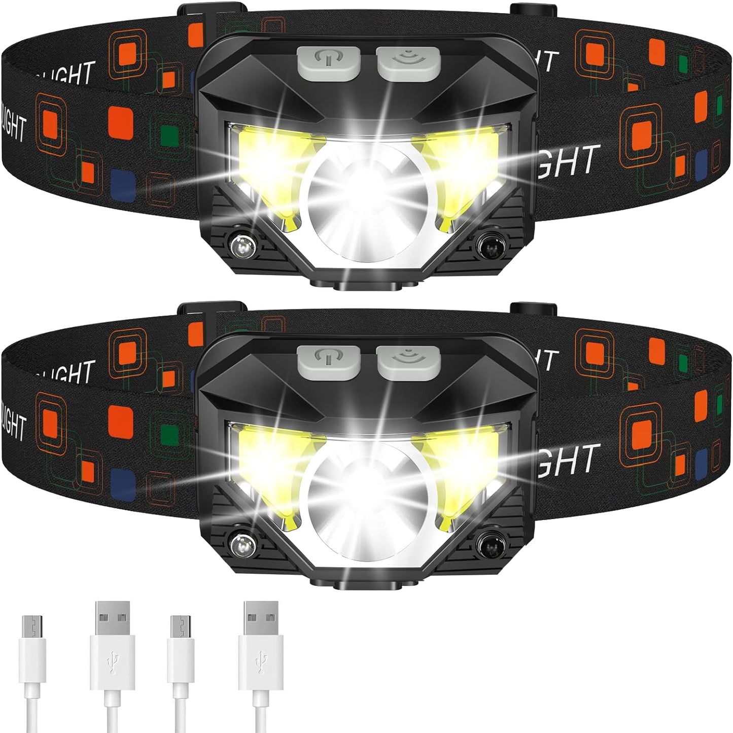 Rechargeable LED Headlamp with Motion Sensor and 1200 Lumen Output, 2-Pack