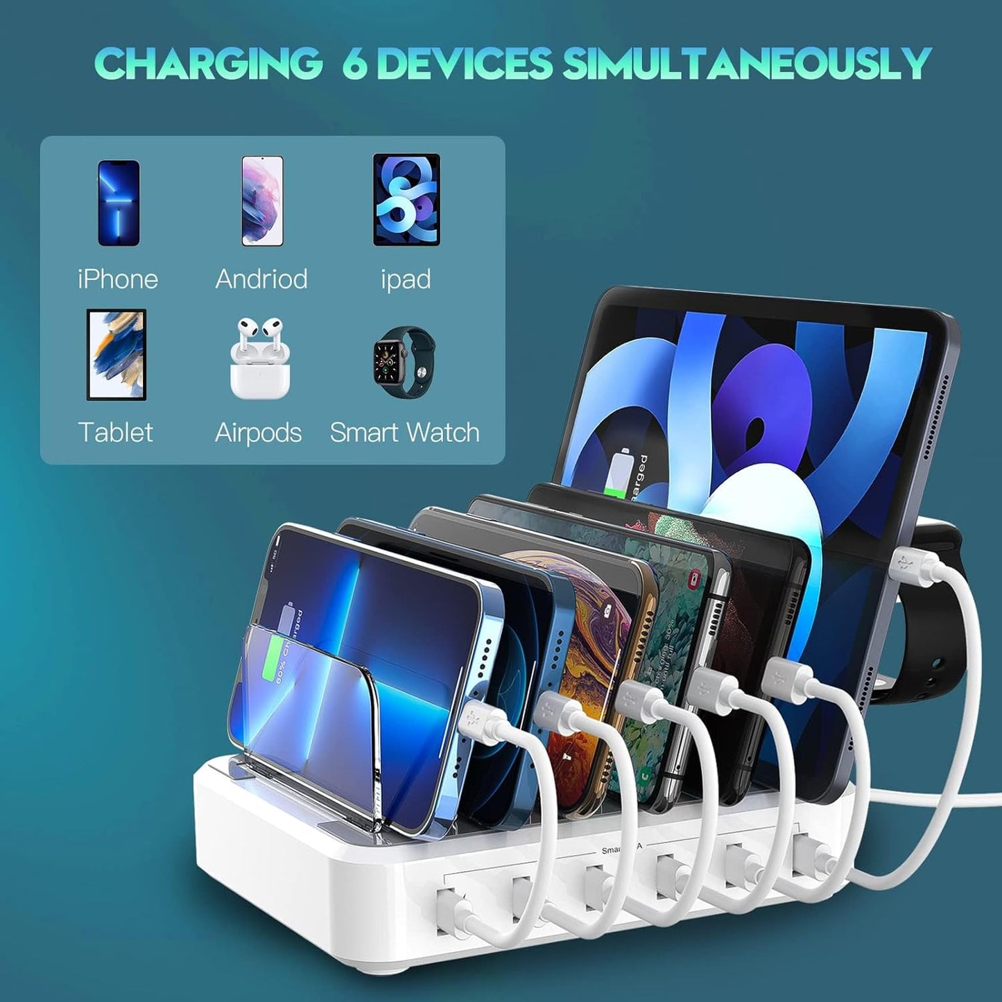 Multi-Device Charging Station with Adaptive Charging and 6 USB Ports, Removable Dividers