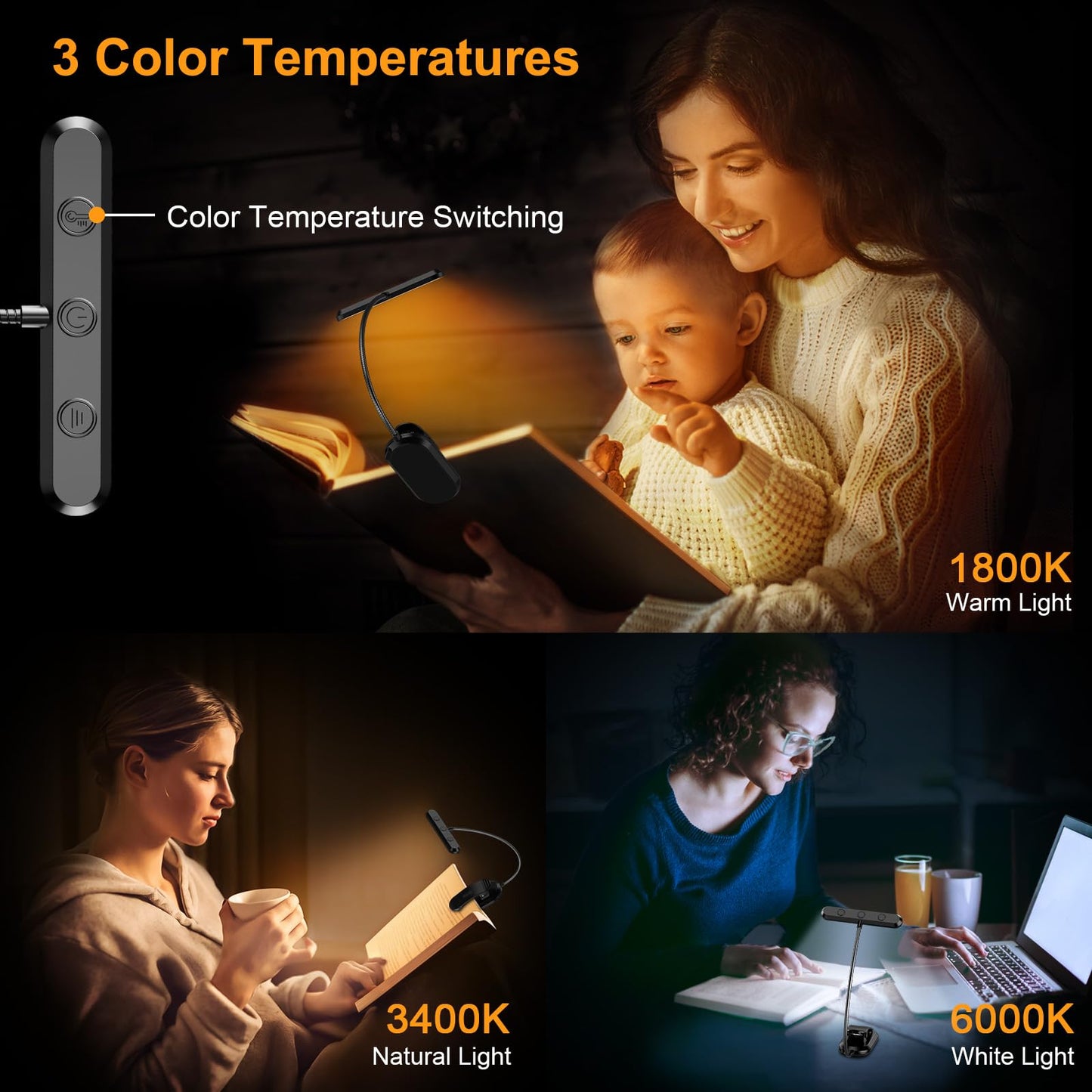 Rechargeable Book Light with Horizontal Head and 360° Gooseneck, USB-C, 3 Color Temps