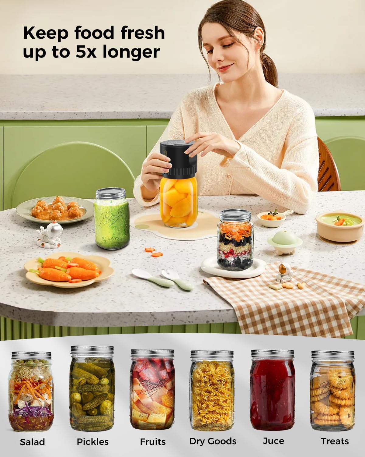 Jar Vacuum Sealer with Rechargeable Cordless Power and Universal Canning Lids, Quiet