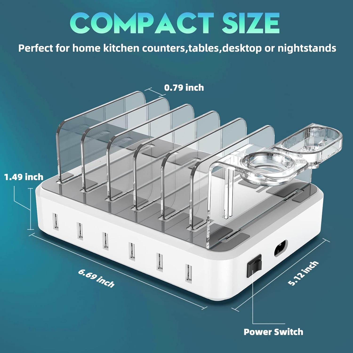 Multi Device Charging Station with 6 Slots and Smart Power Management, 60W Output Zolana