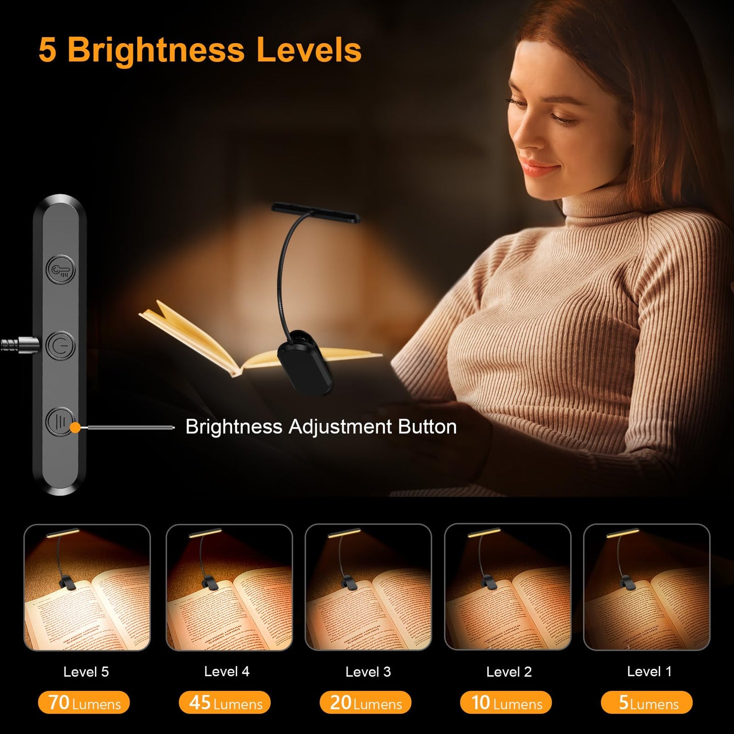 Rechargeable Book Light with Wide Head and 360° Flexible Neck, USB-C