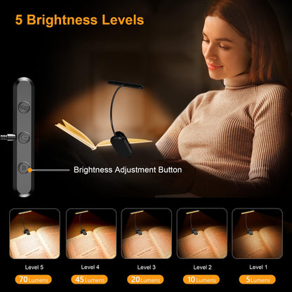 Rechargeable Book Light with Horizontal Head and 360° Gooseneck, USB-C, 3 Color Temps