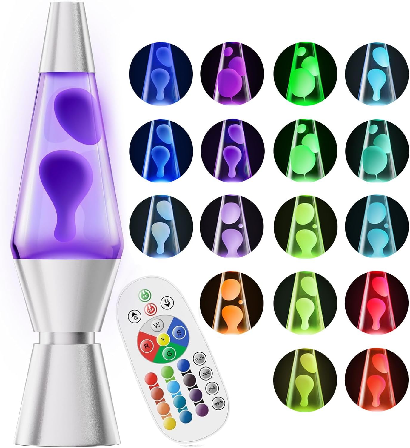 Ambient Lava Lamp with RGBW LED Base and Remote, 14.5in Tempered Glass Cylinder