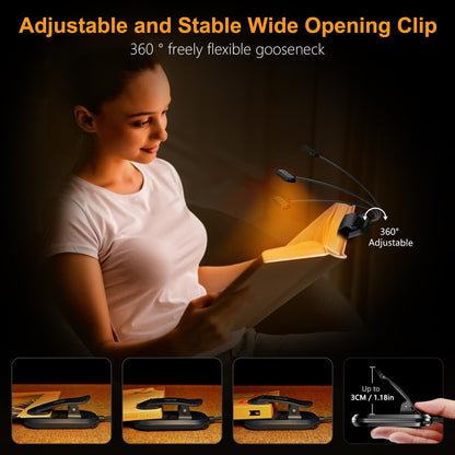 Rechargeable Book Light with Wide Head and 360° Flexible Neck, USB-C
