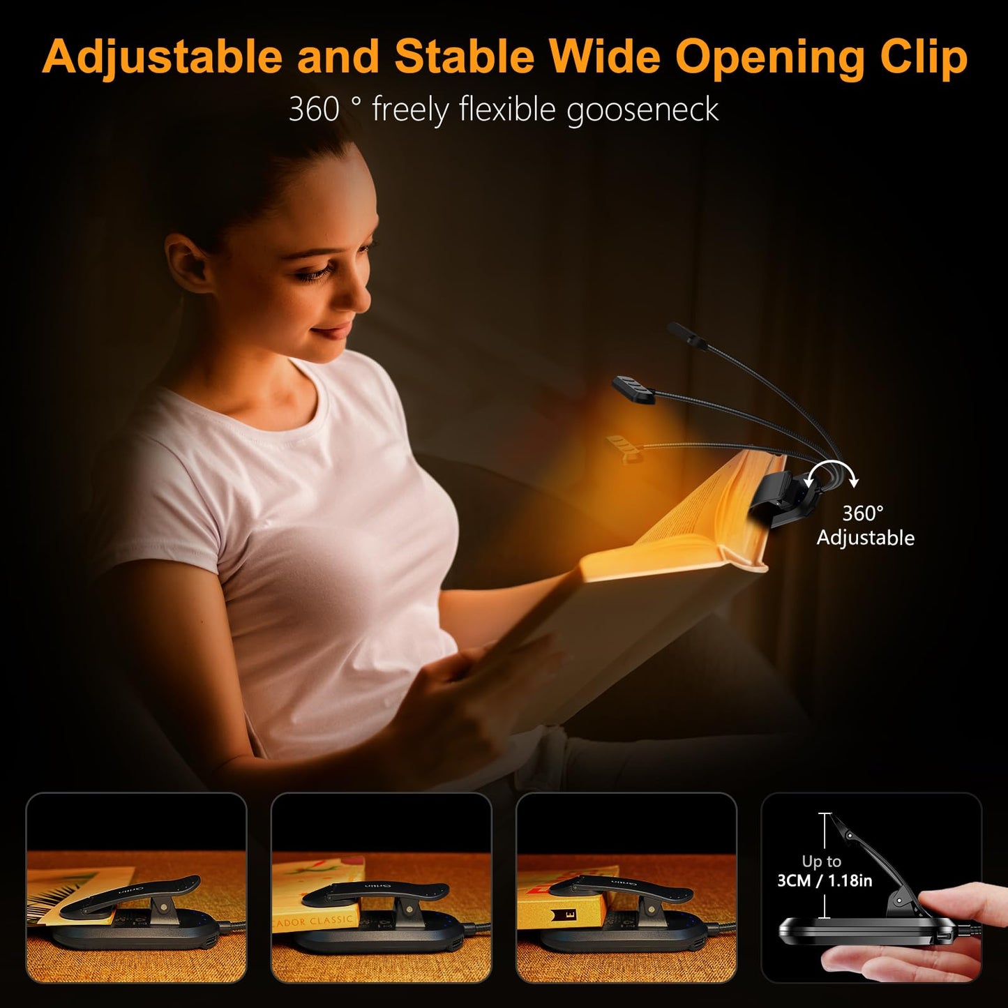 Rechargeable Book Light with Horizontal Head and 360° Gooseneck, USB-C, 3 Color Temps