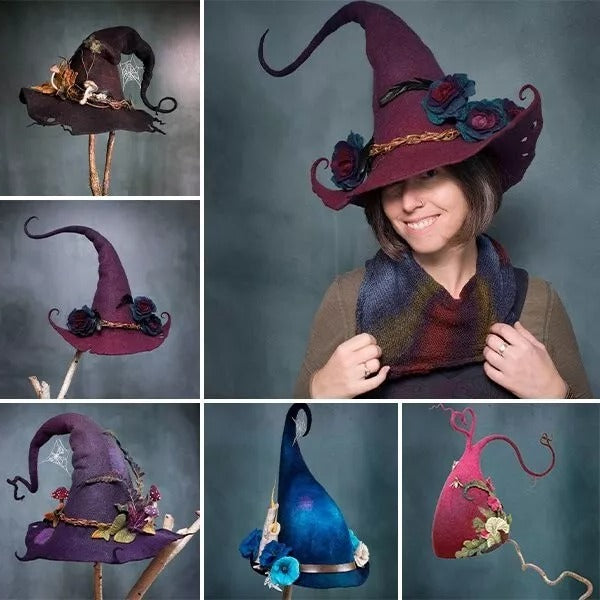 Felt Witch Hat with Adjustable Inner Band and Silk Chiffon Trim, Hand-Felted Merino Wool