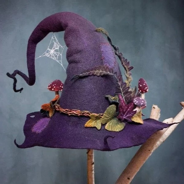 Felt Witch Hat with Adjustable Inner Band and Silk Chiffon Trim, Hand-Felted Merino Wool