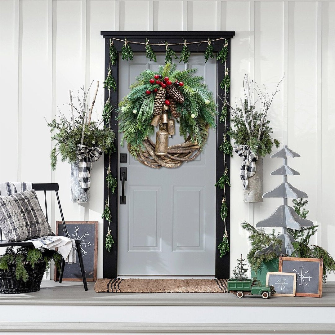 Christmas Wreath with Rustic Vine Base and Pinecones, 17-Inch Indoor Outdoor Door Decor