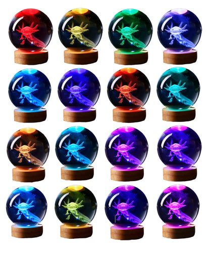 Axolotl 3D Crystal Lamp with Wooden Base and 16-Color LED, USB Powered 3.15 Inch
