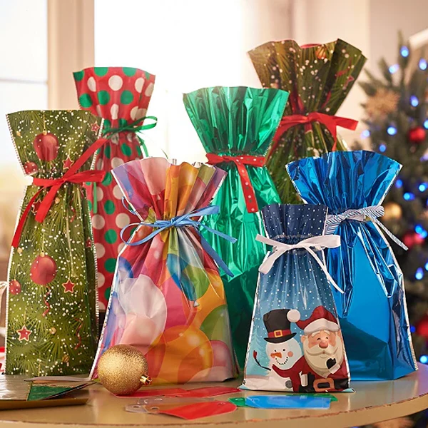 Christmas Gift Bags with Drawstring Closure and Matching Tags, Laminated, 15 Pack