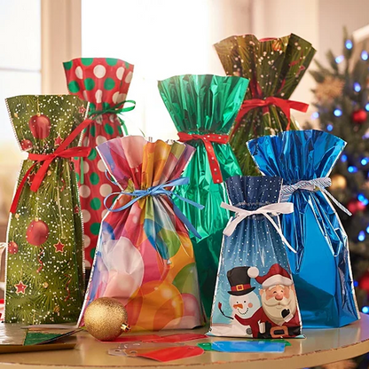 Christmas Gift Bags with Drawstring Closure and Matching Tags, Laminated, 15 Pack